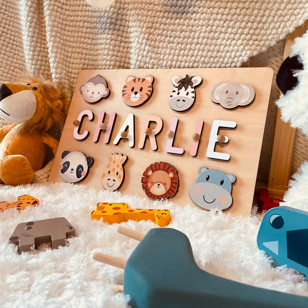 PUREFLY Personalized Name Puzzle for Kids Engraved Text Greetings on Back Custom Wooden Name Signs with Pegs for Baby Boy & Girl 1 Year Old Nursery PUREFLY