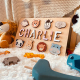 PUREFLY Personalized Name Puzzle for Kids Engraved Text Greetings on Back Custom Wooden Name Signs with Pegs for Baby Boy & Girl 1 Year Old Nursery PUREFLY