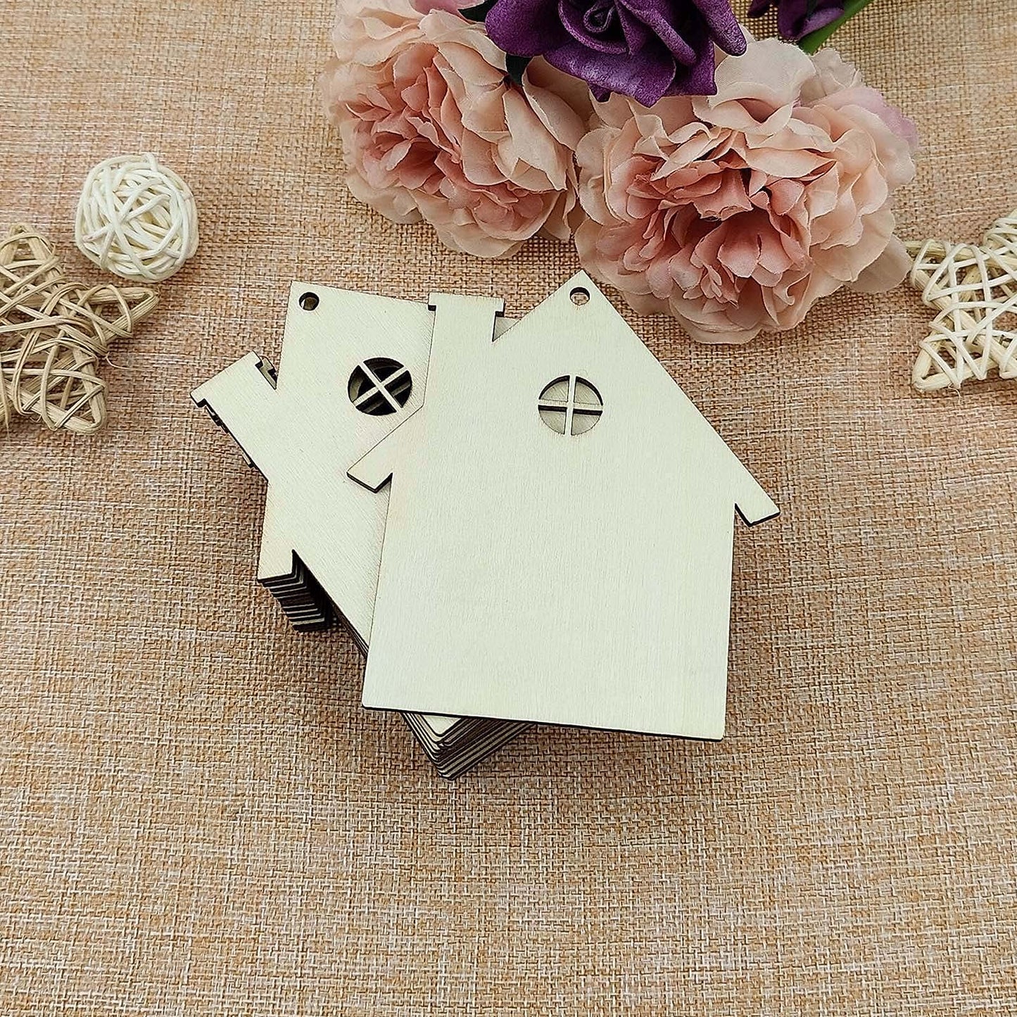Creaides House Wood DIY Craft Cutout Wooden House Shaped Hanging Ornaments with Hole Hemp Ropes Gift Tags for Wedding Birthday Christmas Party