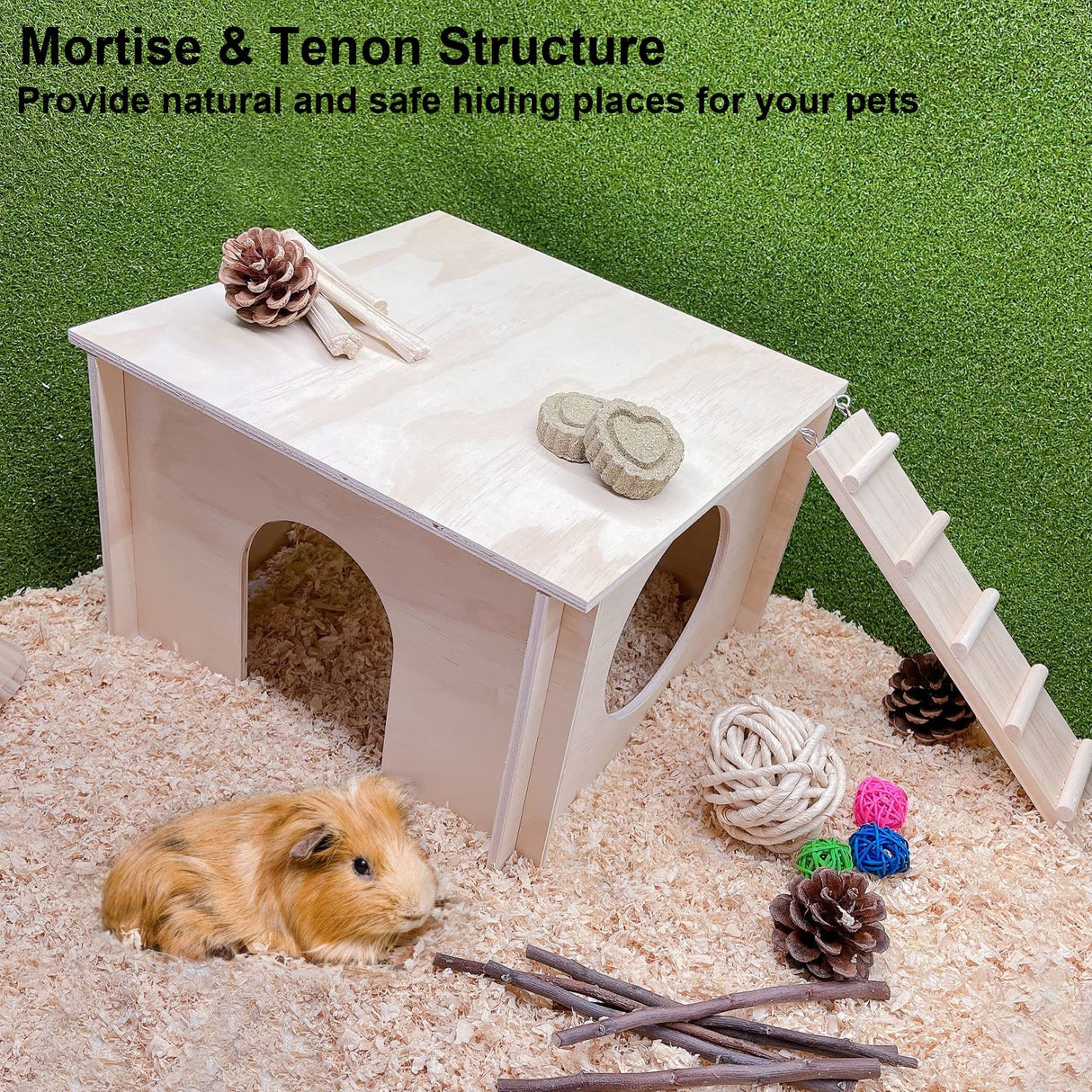 kathson Guinea Pig Hideout, Small Animal Hideaway Wooden House with Window and Ladder, Suitable for Hamsters, Chinchillas Small Animals kathson