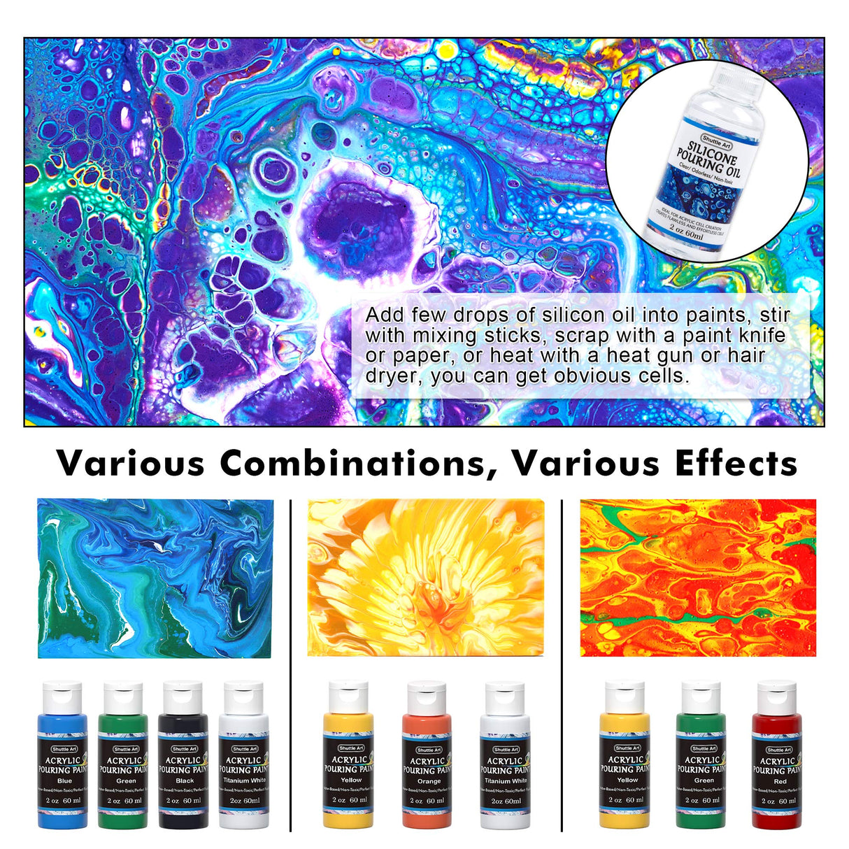 Shuttle Art Acrylic Pouring Paint, Set of 36 Bottles (2 oz/60ml) Pre-Mixed High-Flow Acrylic Paint Pouring Supplies with Canvas, Silicone Oil, Shuttle Art