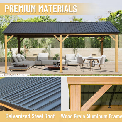 Domi 12' x 20' Hardtop Gazebo with Galvanized Steel Gable Roof, Pergola with Wood-Looking Aluminum Frame, Permanent Pavilion Outdoor Gazebo with - WoodArtSupply