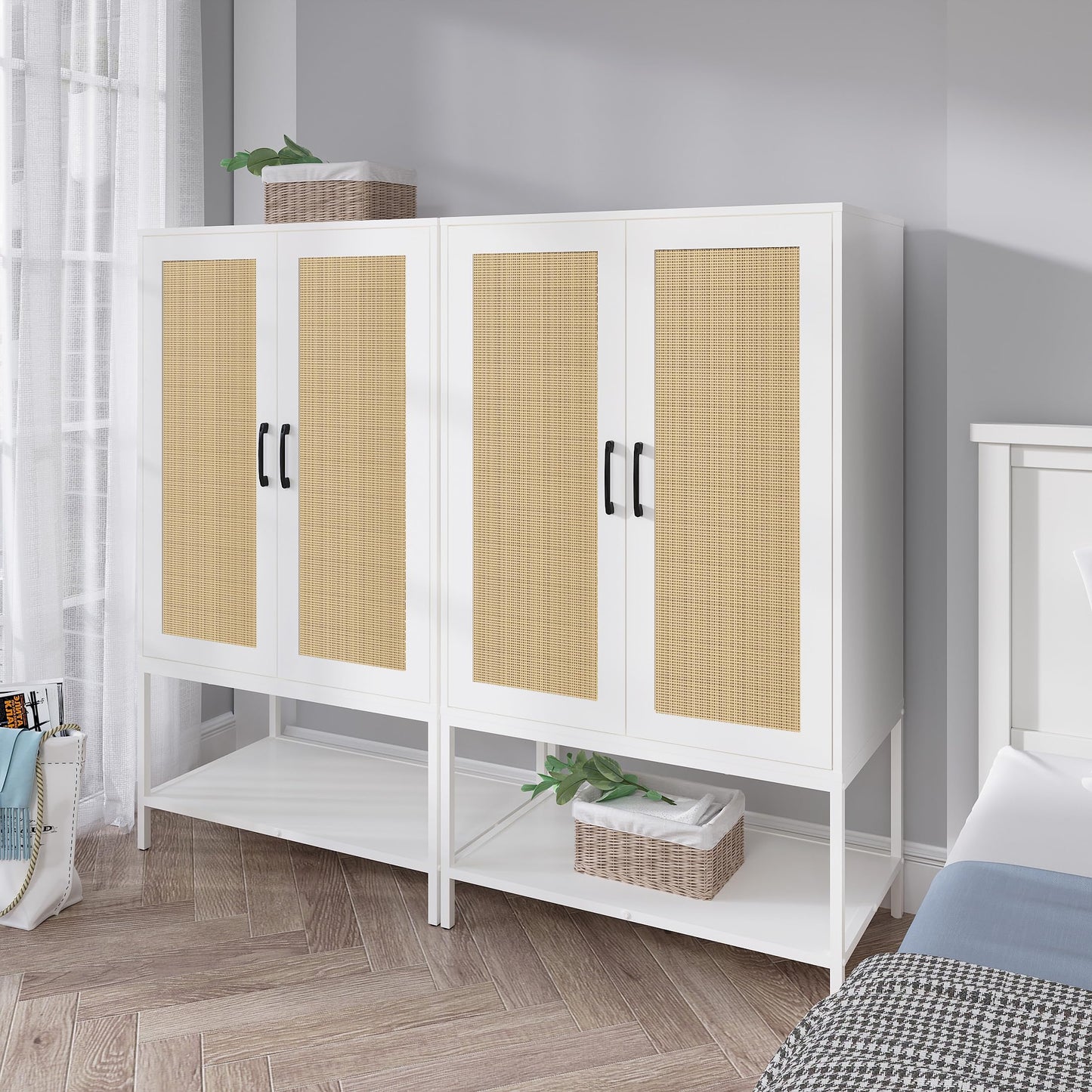 BOCVKENN Wardrobe Closet,Rattan Bedroom Armoires with 2 Doors,Wooden Wardrobe Cabinet with Shelves and Hanging Rod for Clothes,White - WoodArtSupply