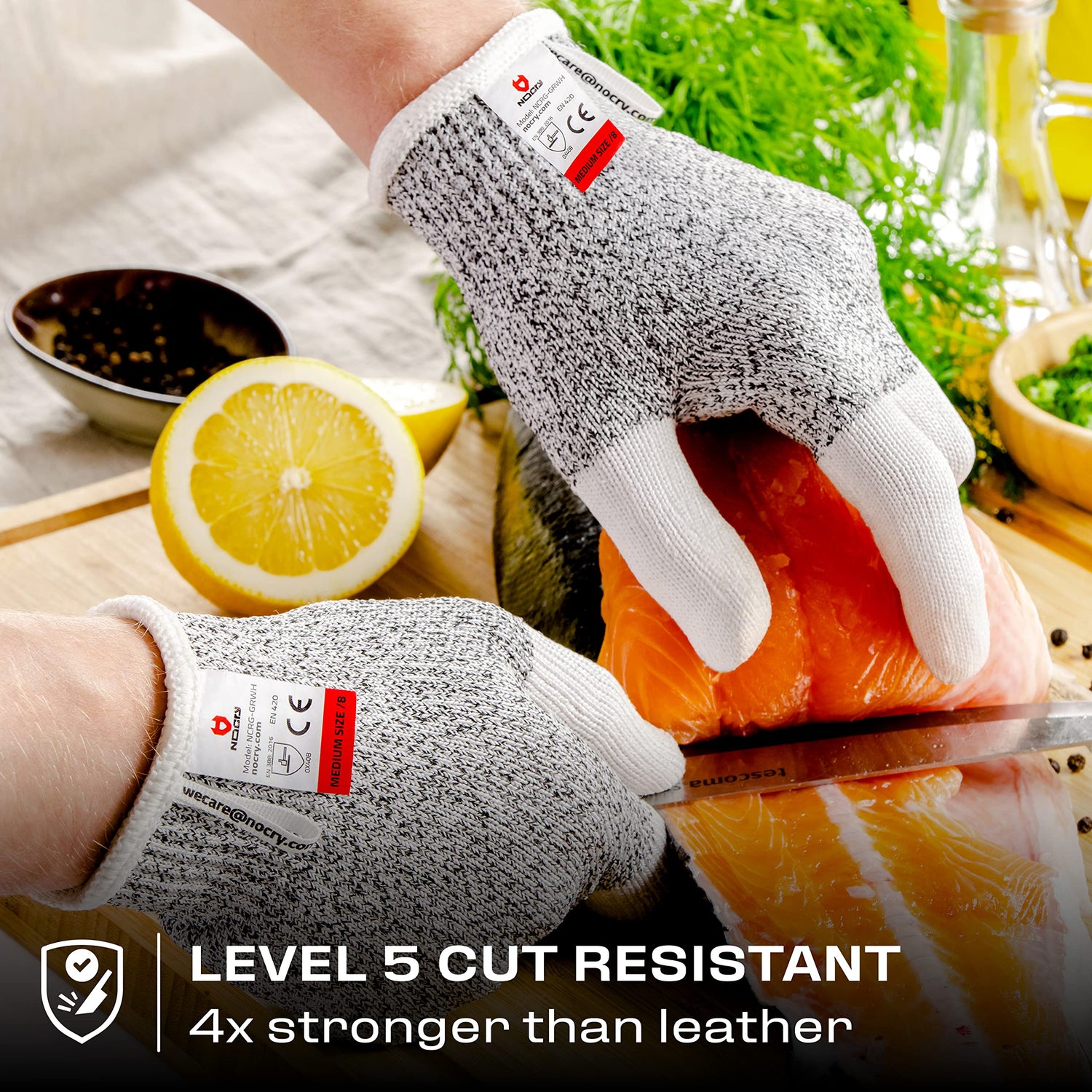NoCry Cut Resistant Work Gloves for Women and Men, with Reinforced Fingers; Comfortable, 100% Food Grade Kitchen Cooking Gloves; Ambidextrous Safety NoCry