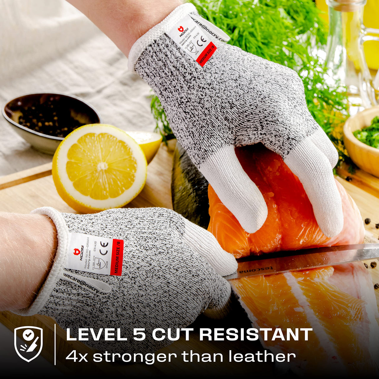 NoCry Cut Resistant Work Gloves for Women and Men, with Reinforced Fingers; Comfortable, 100% Food Grade Kitchen Cooking Gloves; Ambidextrous Safety NoCry