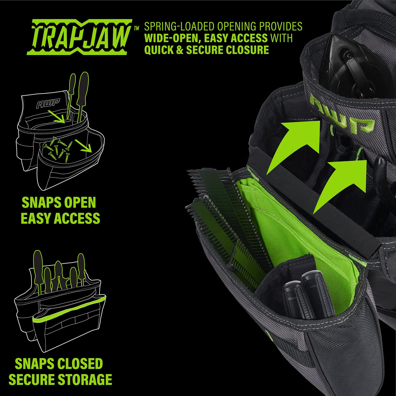 AWP TrapJaw Pro Framing Tool Rig with Spring-Loaded Technology, Premium Tool Belt, Fits Waists Up to 50 Inches,Black AWP