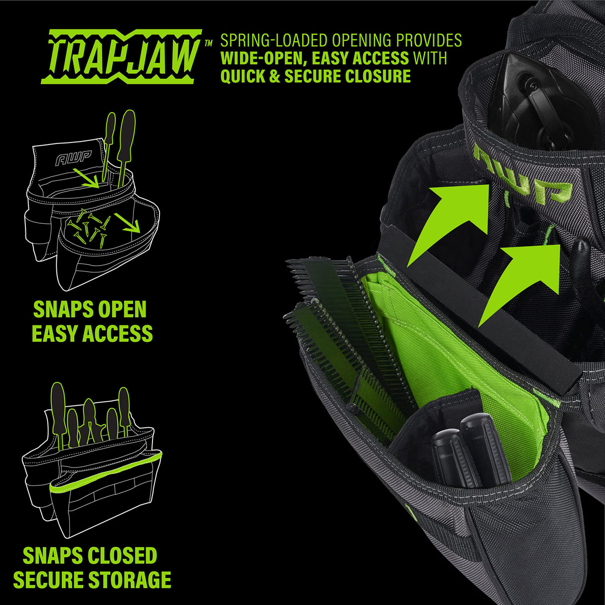 AWP TrapJaw Pro Framing Tool Rig with Spring-Loaded Technology, Premium Tool Belt, Fits Waists Up to 50 Inches,Black AWP