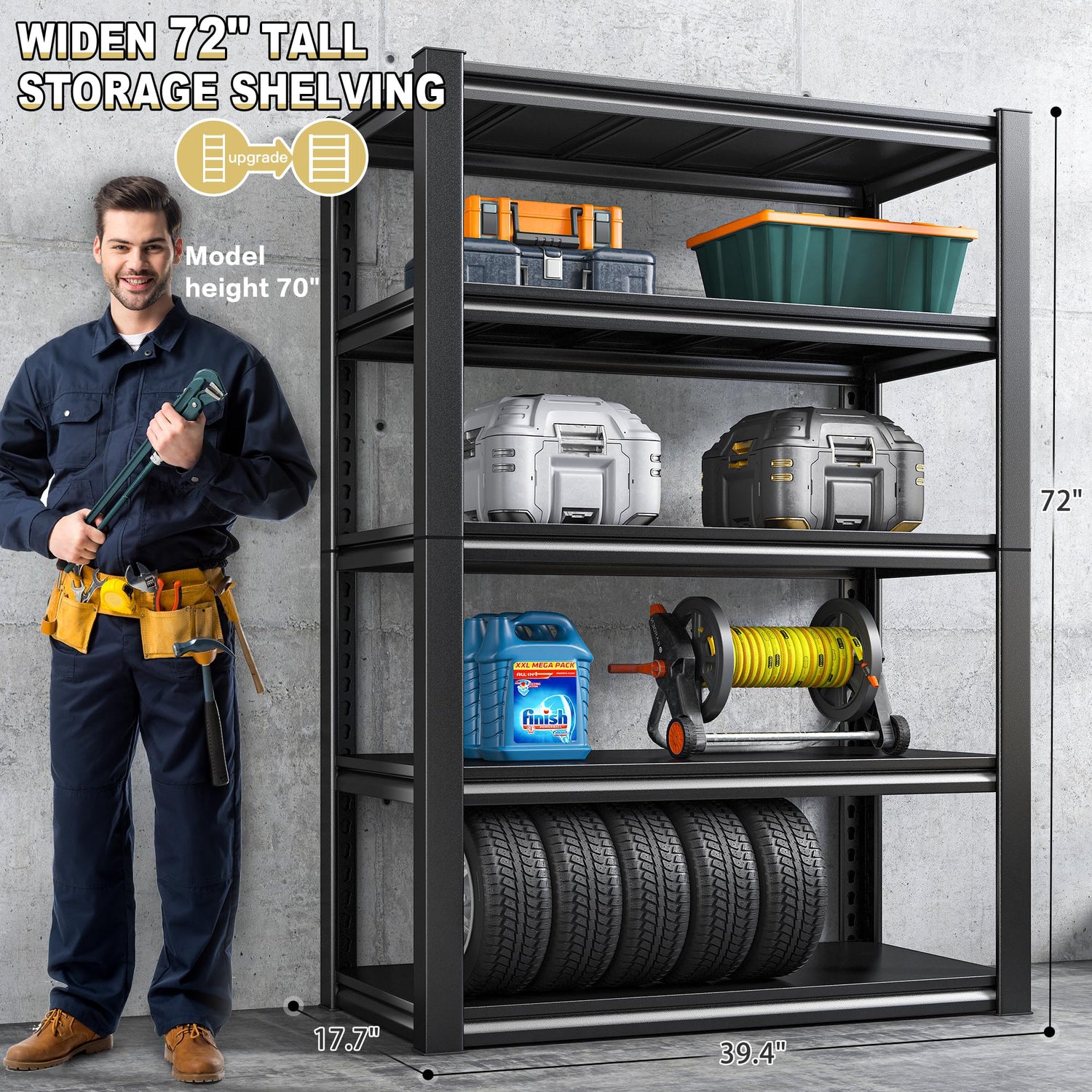 REIBII 72" H Garage Shelving Heavy Duty Garage Storage Shelves 2050LBS Wide Metal Shelving Unit Adjustable 5 Tier Heavy Duty Shelving for Garage REIBII