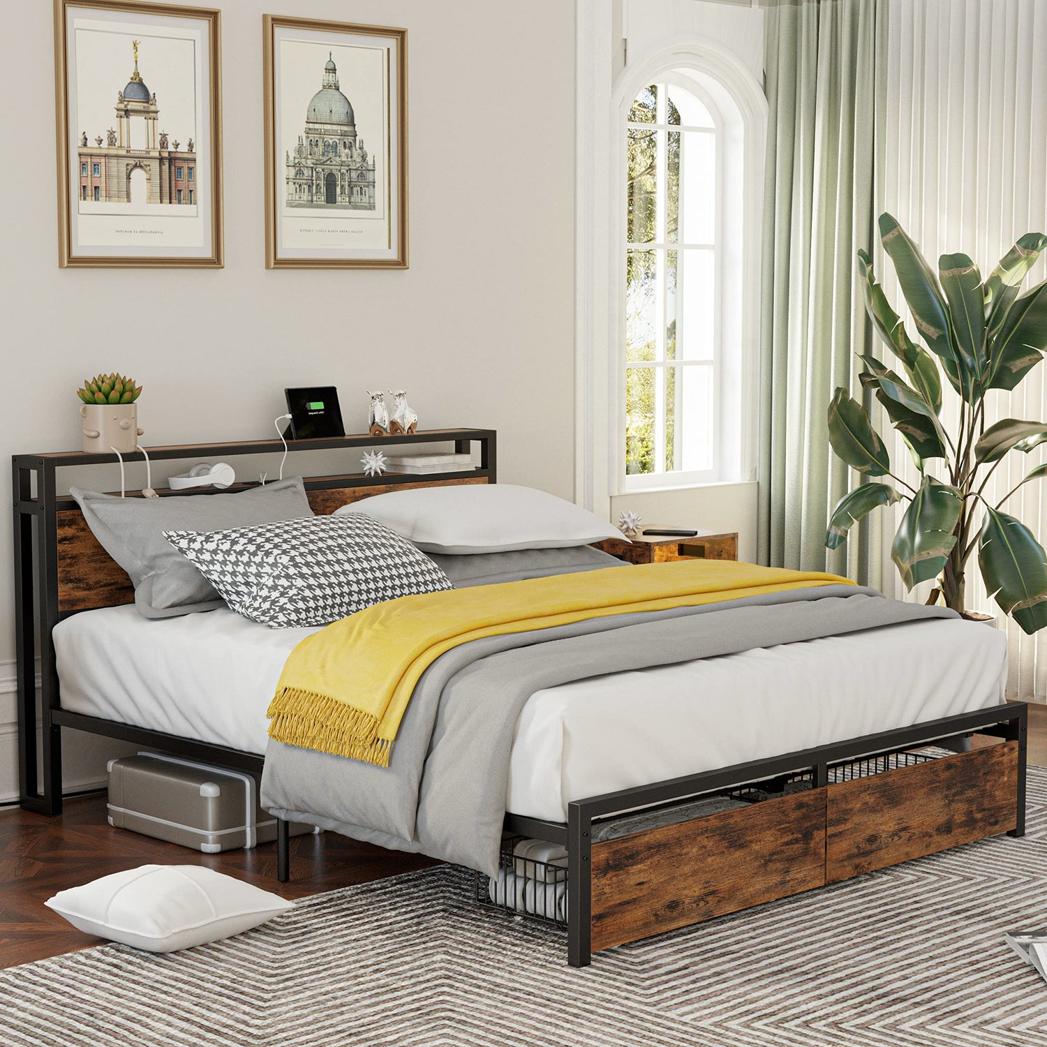 Stylish LIKIMIO Queen Bed Frame with Storage Headboard, Drawers, and Charging Station in Vintage Brown LIKIMIO