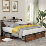 Stylish LIKIMIO Queen Bed Frame with Storage Headboard, Drawers, and Charging Station in Vintage Brown LIKIMIO