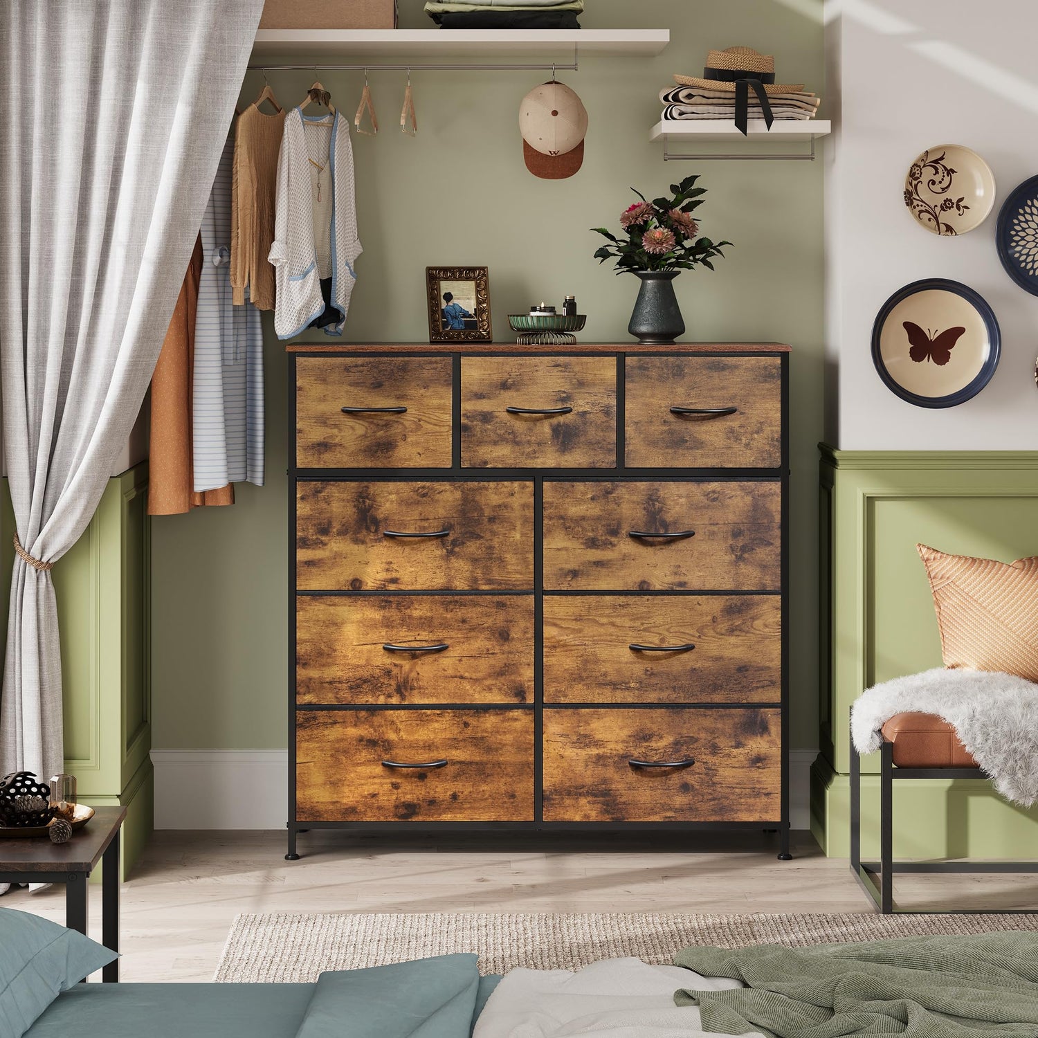 WLIVE 9-Drawer Dresser, Fabric Storage Tower for Bedroom, Hallway, Closet, Tall Chest Organizer Unit with Fabric Bins, Steel Frame, Wood Top, Easy WLIVE