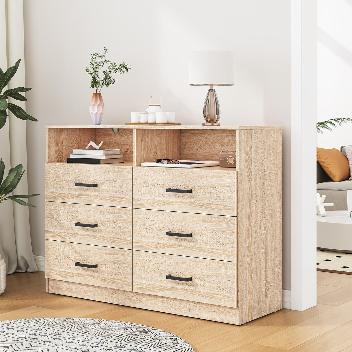 Bigbiglife 6 Drawer Dresser with Open Storage, Natural Wood Dresser, Modern Double Dresser for Bedroom, Living Room, Entryway, Light Oak Bigbiglife