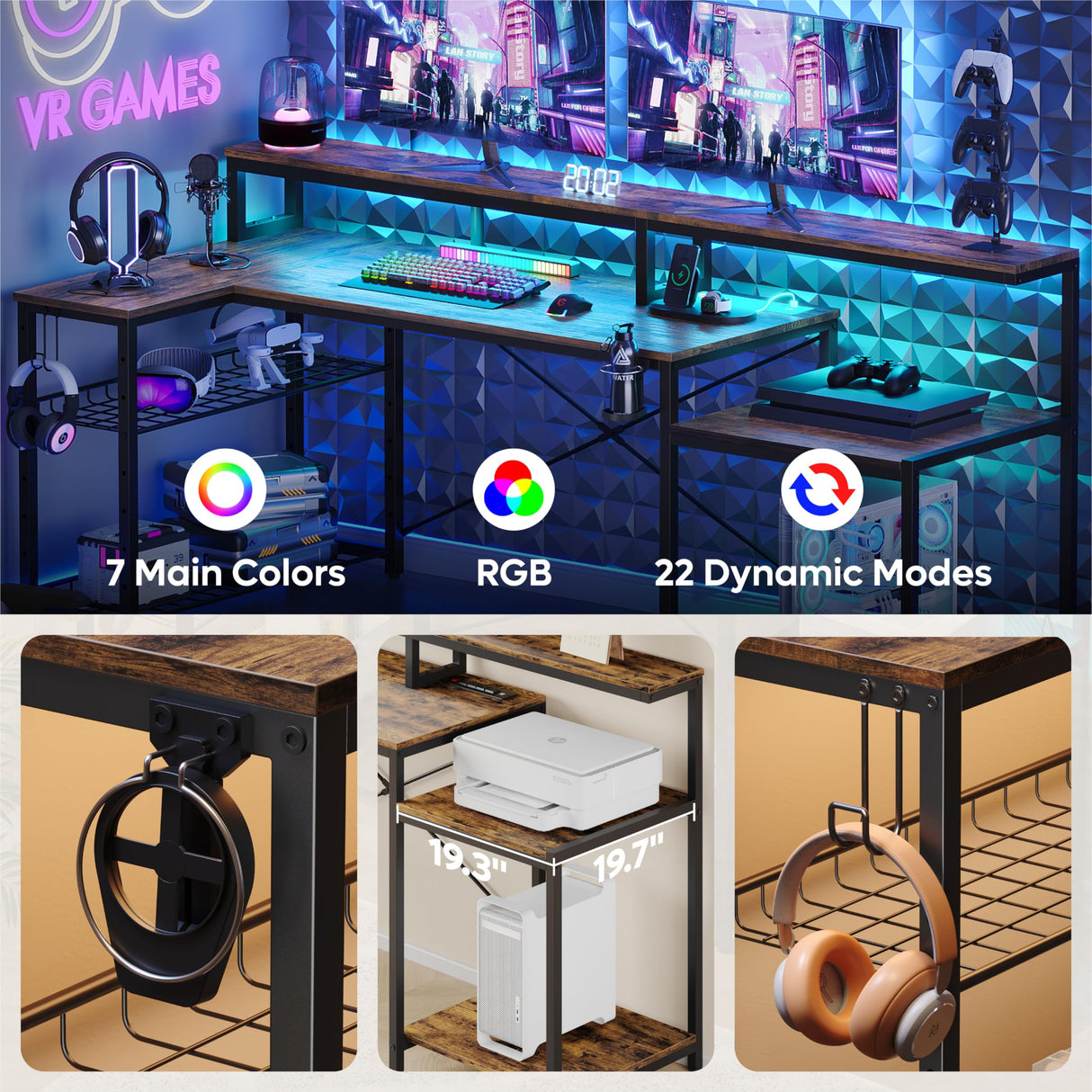 Bestier 71.5 inch Computer Desk with Power Outlets, L Shaped LED Home Office Desk with Long Monitor Stand, Large Corner Desk with Storage Shelf, Cup Bestier