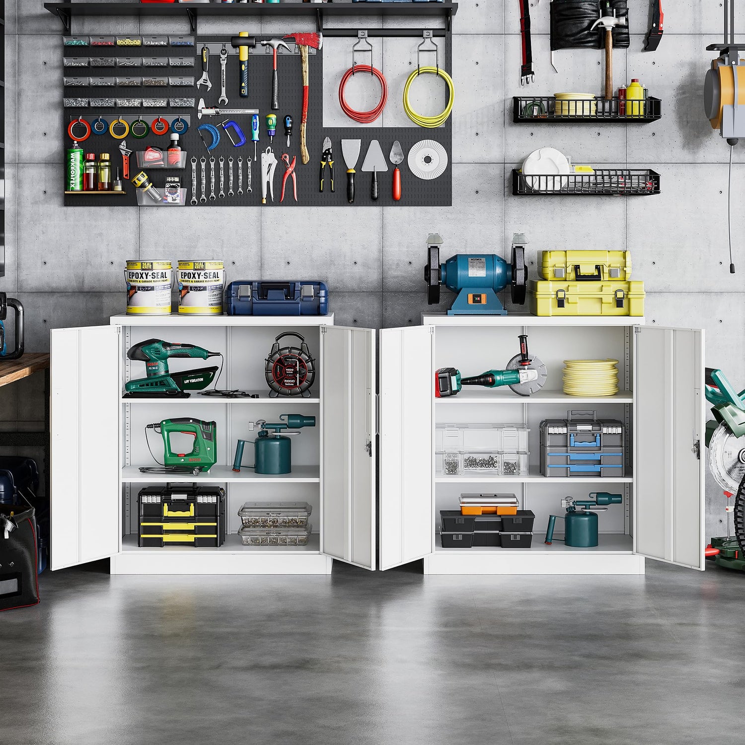 STANI Metal Storage Cabinet with 2 Adjustable Shelves, Steel Counter Cabinet with Lockable Doors for Home Office Warehouse Garage (White, 36" H-Style STANI