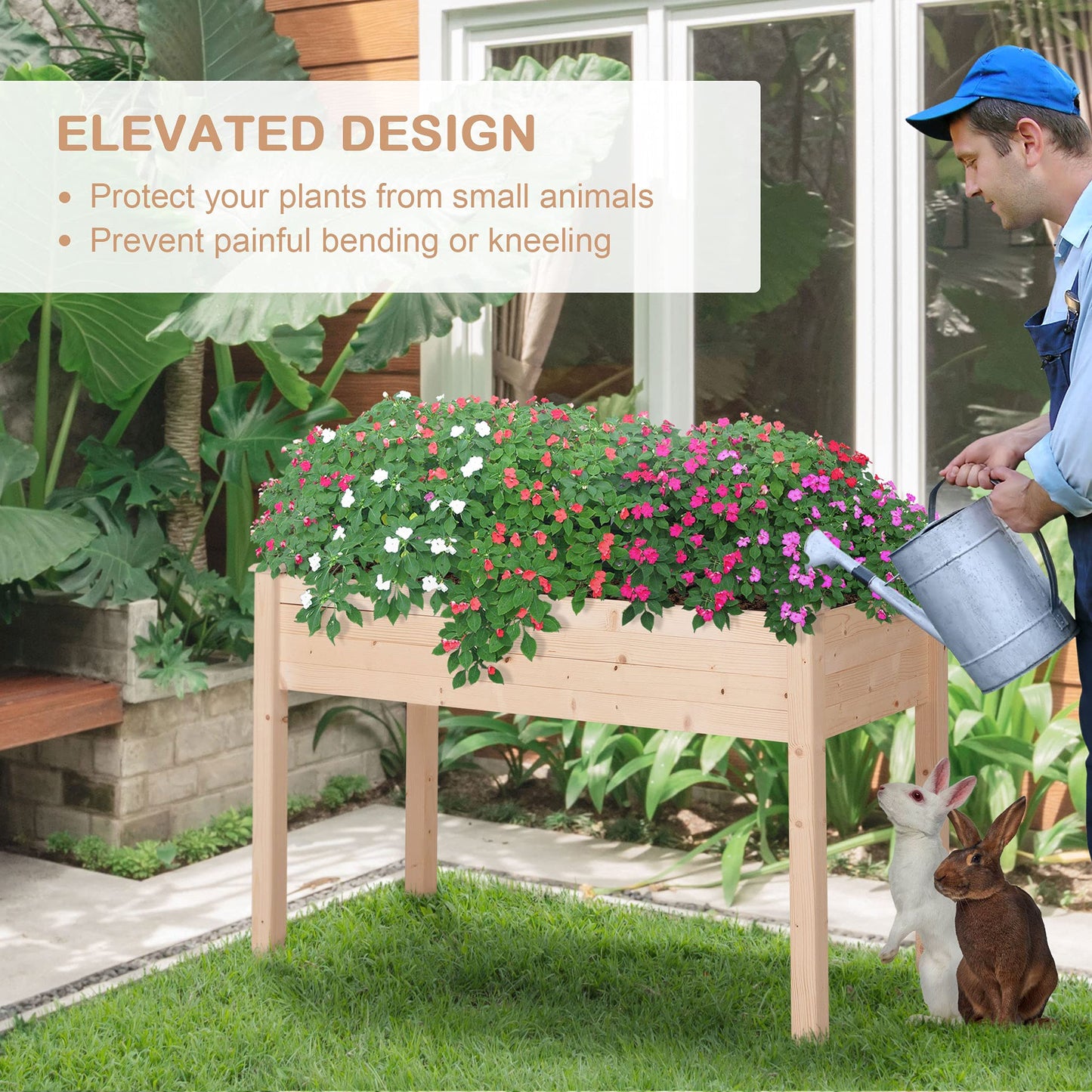 Outsunny Raised Garden Bed with Legs, 48" x 22" x 30", Elevated Wooden Planter Box, Self-Draining with Bed Liner for Vegetables, Herbs, and Flowers