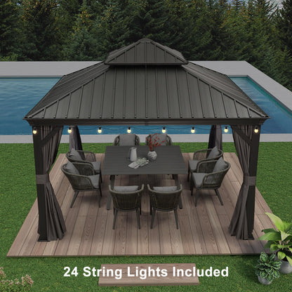 PURPLE LEAF 12' X 12' Outdoor Gazebo with Metal Roof Permanent Hardtop Gazebo with Light for Patio Lawn and Garden Grey - WoodArtSupply