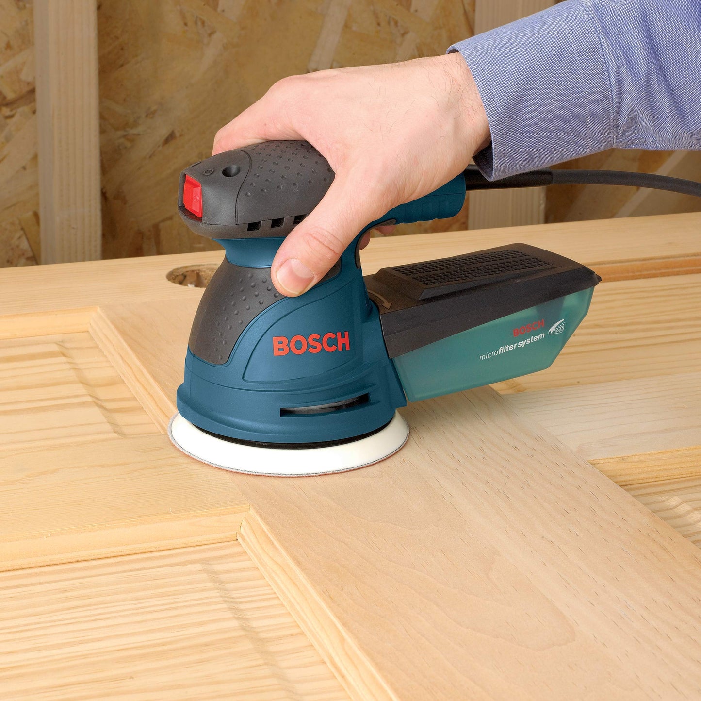 BOSCH ROS20VSC Palm Sander 2.5 Amp 5 In. Corded Variable Speed Random Orbital Sander/Polisher Kit with Dust Collector and Soft Carrying Bag, Blue - WoodArtSupply