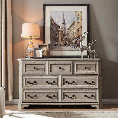 T4TREAM Farmhouse 7 Drawers Dresser Chests for Bedroom, Wood Rustic Tall Chest of Drawers, Dressers Organizer for Bedroom, Living Room, Hallway, T4TREAM