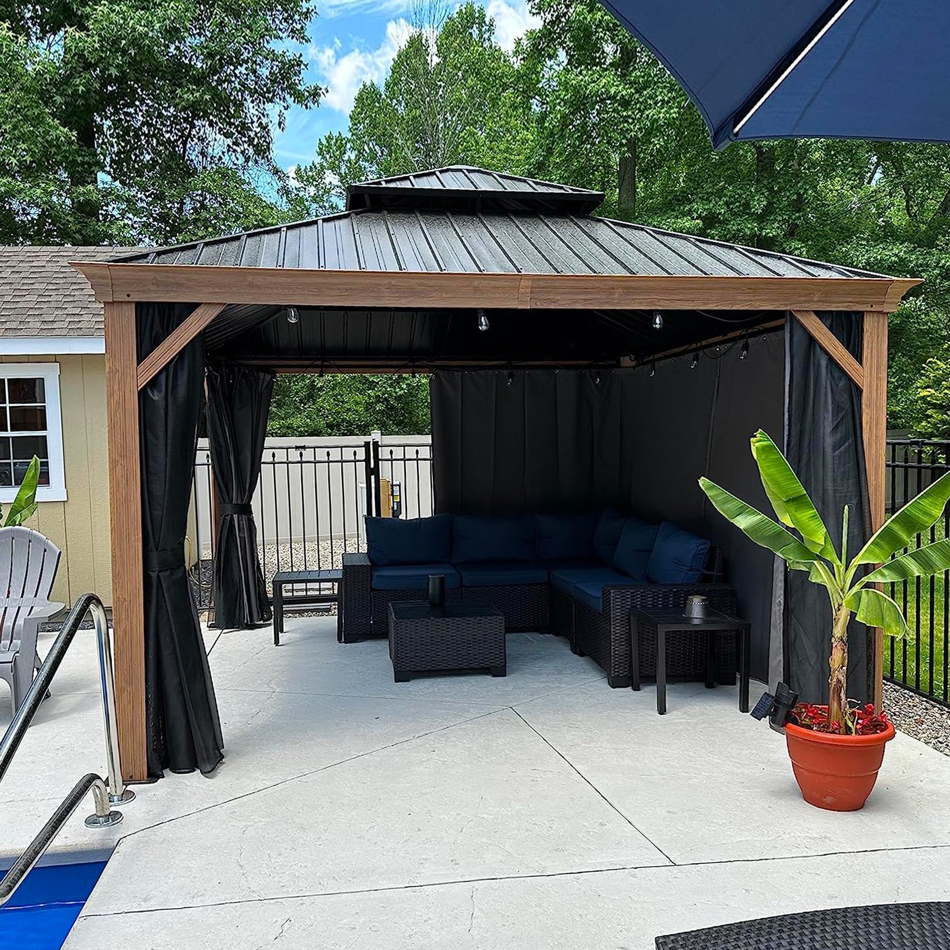 PURPLE LEAF 12' X 12' Outdoor Hardtop Gazebo for Patio Galvanized Steel Double Roof Permanent Canopy Teak Finish Coated Aluminum Frame Pavilion - WoodArtSupply