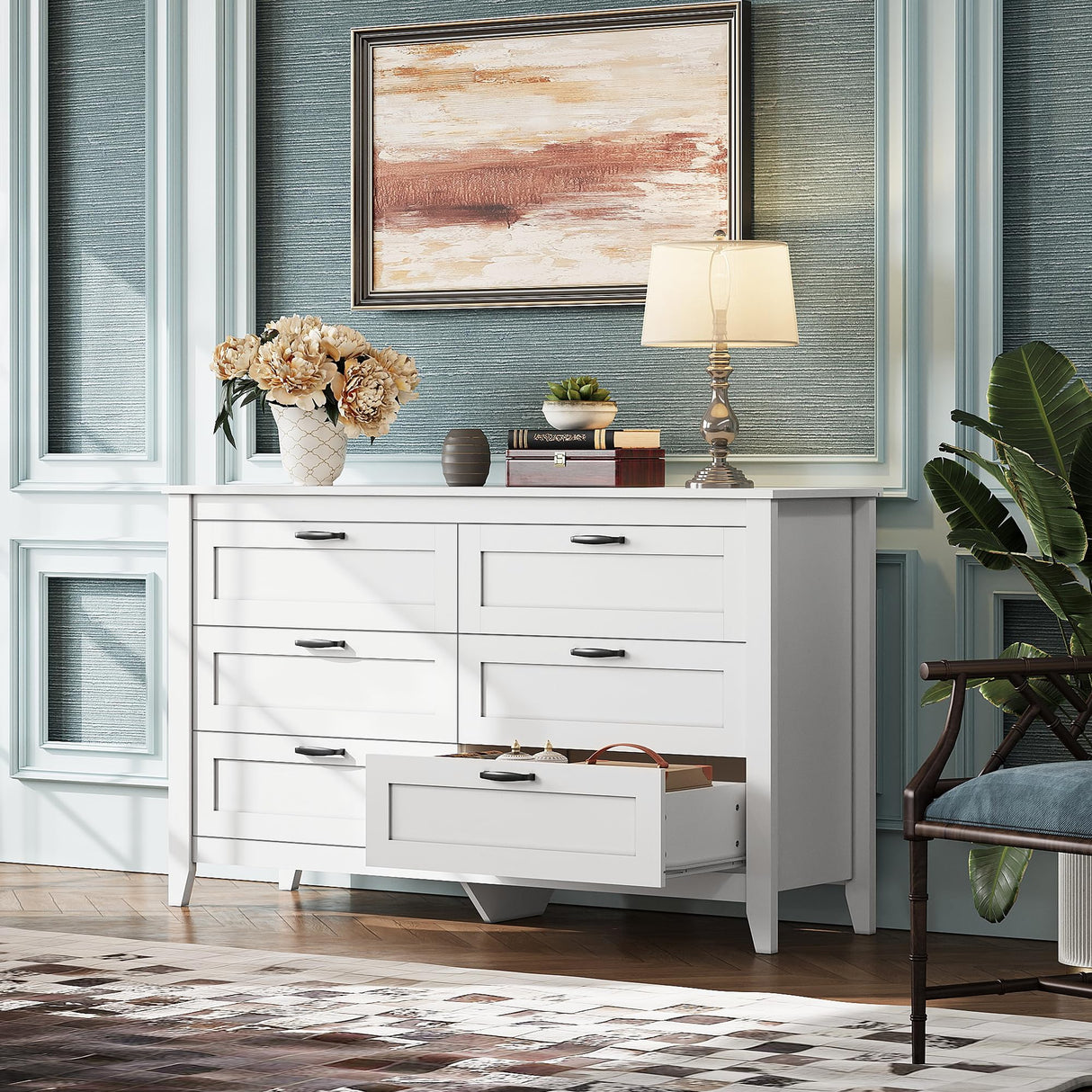 WLIVE 6 Drawer Dresser, Retro Chest of Drawers with Metal Handle, Double Wood Dresser for Bedroom, Living Room, Large Storage Cabinet, White WLIVE