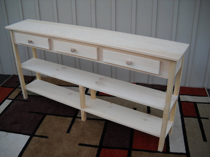 Unfinished 60" Sofa, 58"x11x30 Console Shaker Style Edge Pine Table w/Shelves (2) and 3 drawers - WoodArtSupply