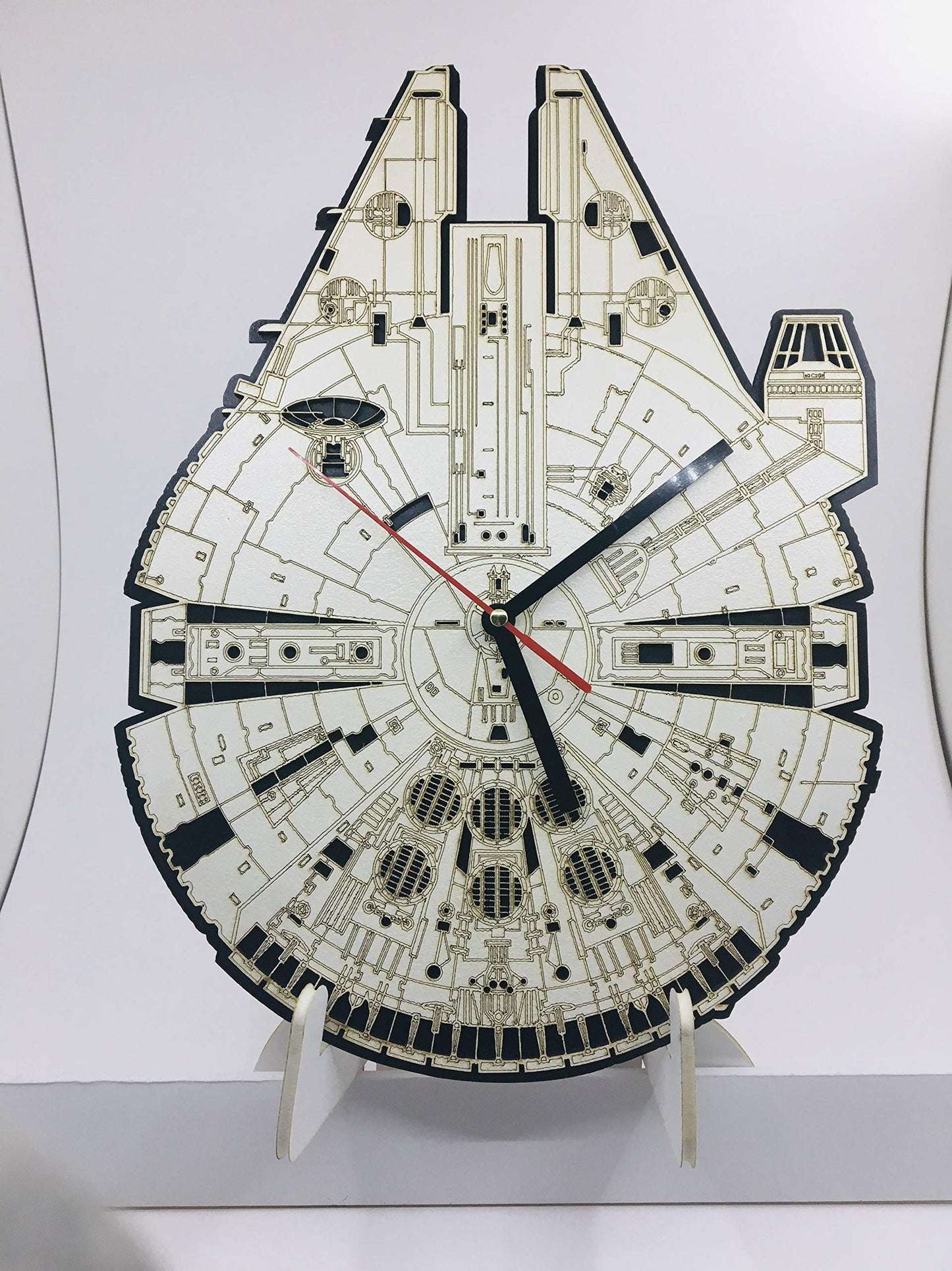 Millennium Falcon Star Wars Wall Hanging Clock, 14 x 12 inch face, Handmade from Wood Attached to a Hard Stock Backing - WoodArtSupply