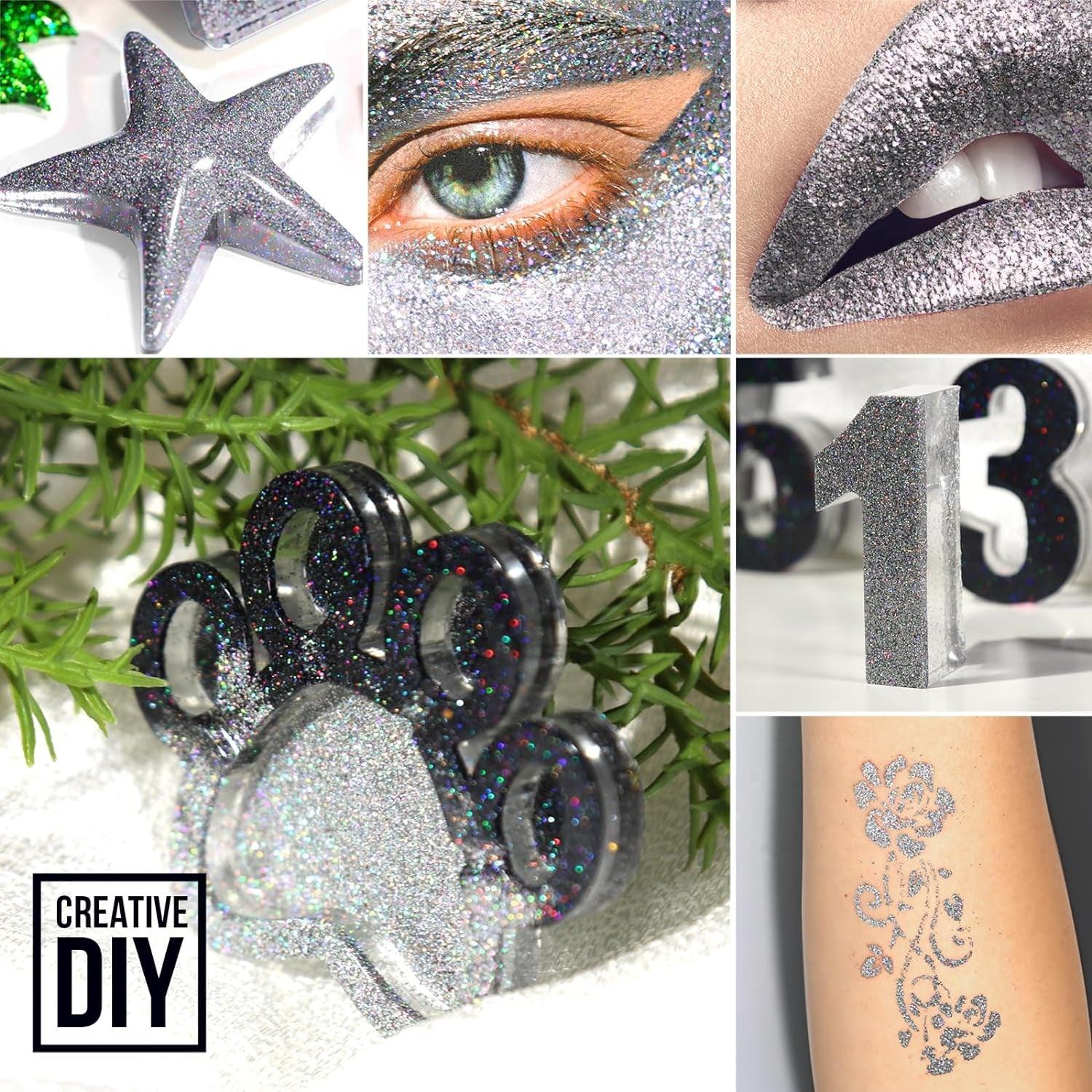 Holographic Ultra Fine Glitter & Chunky Glitters, 110G Resin Glitter and 100G Chunky Craft Glitter, Nail Glitters, Festival Glitters for Epoxy Resin Tumblers Body Hair Face Crafts-Silver - WoodArtSupply