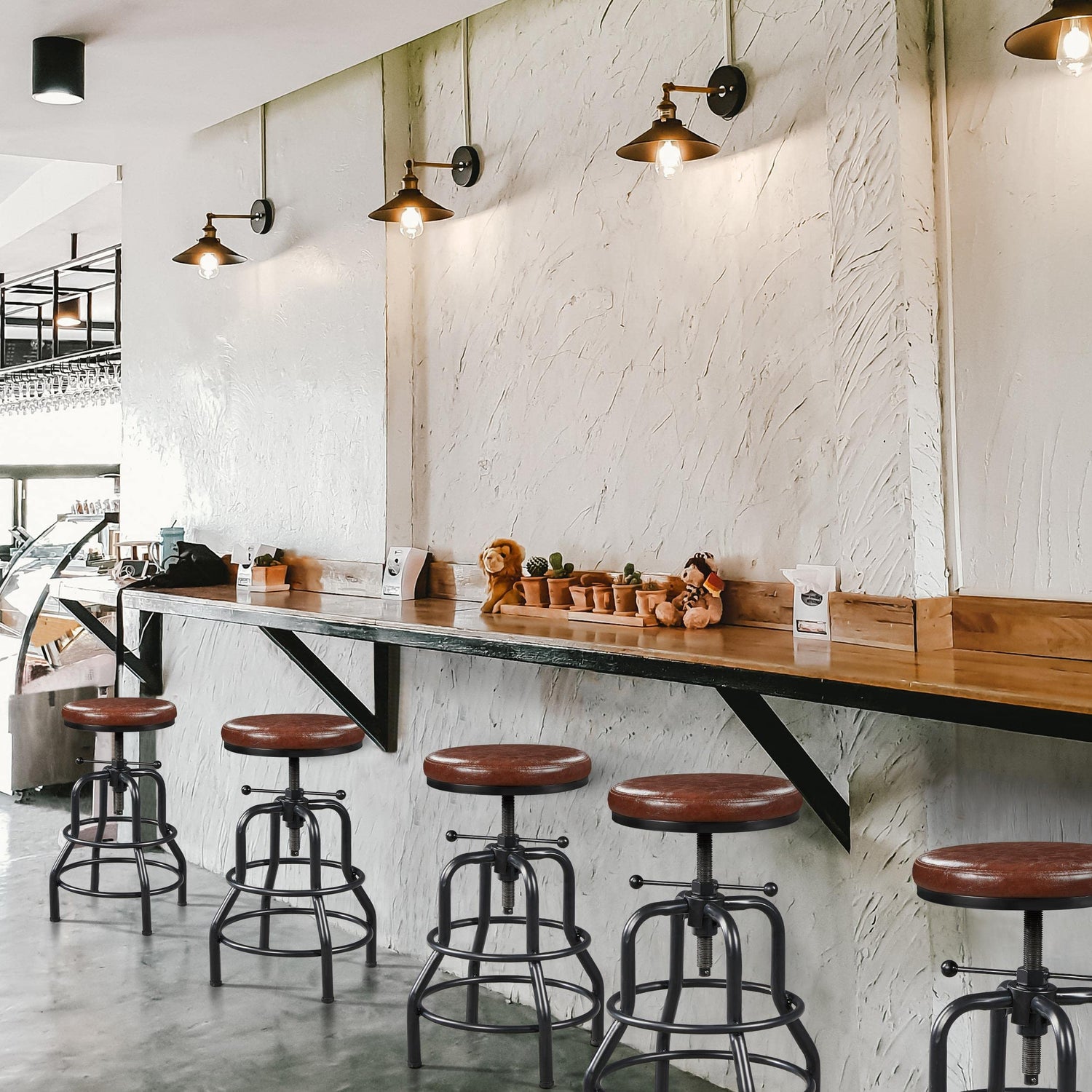 Yaheetech Industrial Bar Stool Vintage Counter Height Stool with Round Faux Leather Seat Metal Stool Adjustable Kitchen Stool 21.5-28 Inch Tall Yaheetech