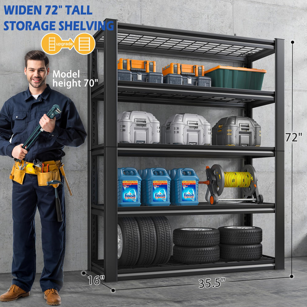 REIBII 72''H Garage Shelving Heavy Duty Garage Storage Shelves 2000LBS Heavy Duty Shelving Adjustable 5 Tier Metal Shelves for Storage Rack,Garage REIBII