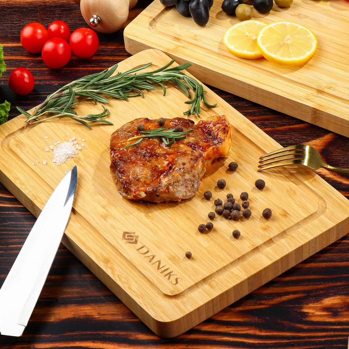 Daniks 100% Organic Bamboo Cutting Board for Kitchen | Heavy Duty Wood Chopping Board | Extra-Thick Cutting Board for Serving, Meat and Veggies | Daniks