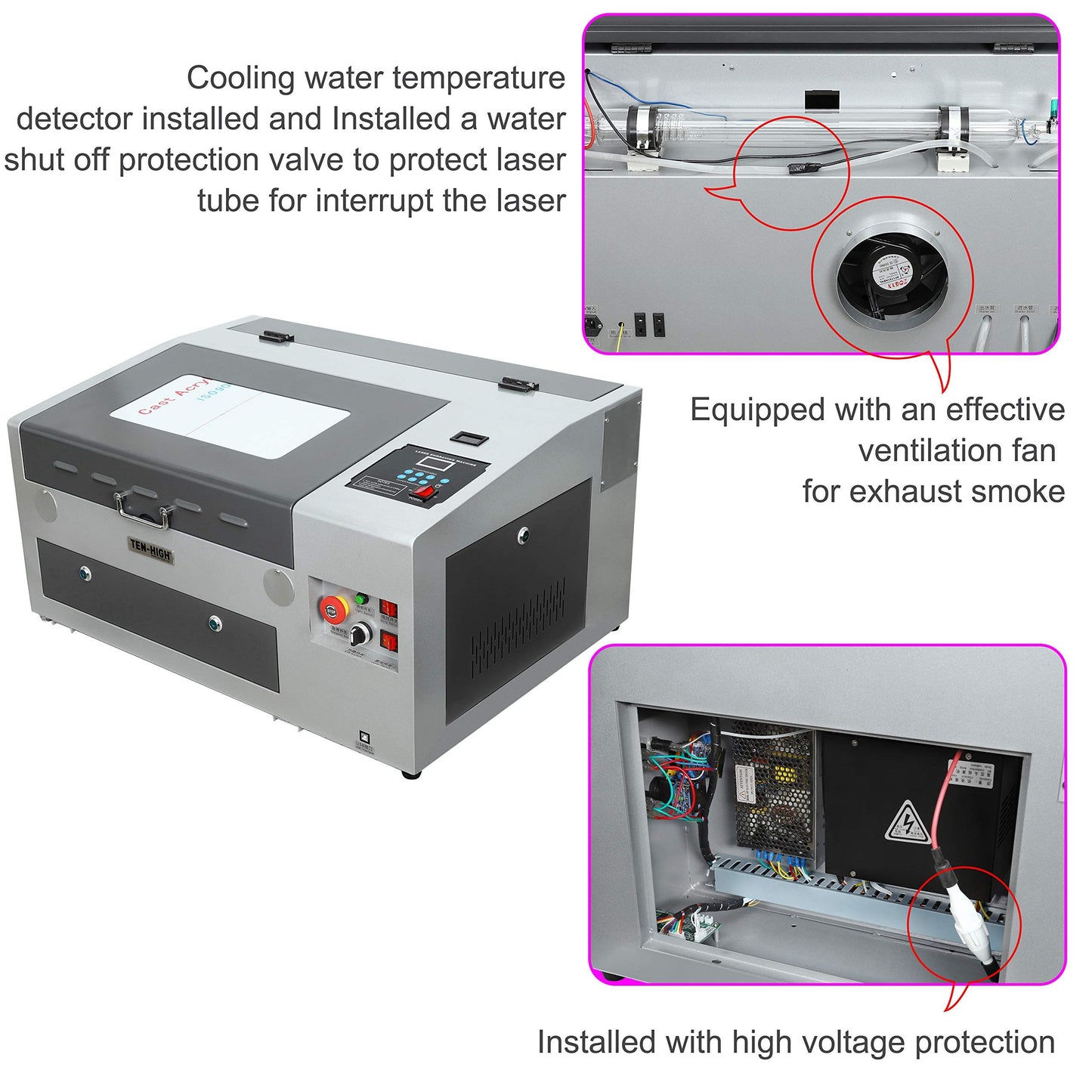 TEN-HIGH CO2 Engraving Machine 40W 300x400mm Laser Engraving Machine with Exhaust Fan USB Port, Standard Version Grey - WoodArtSupply