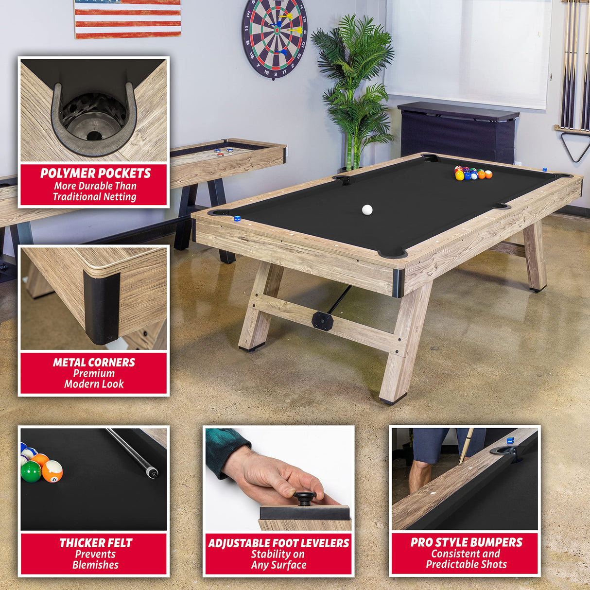GoSports 8 ft Pool Table with Wood Finish - Modern Billiards Table with 2 Cue Sticks, Balls, Rack, Felt Brush and Chalk - Choose Your Style GoSports