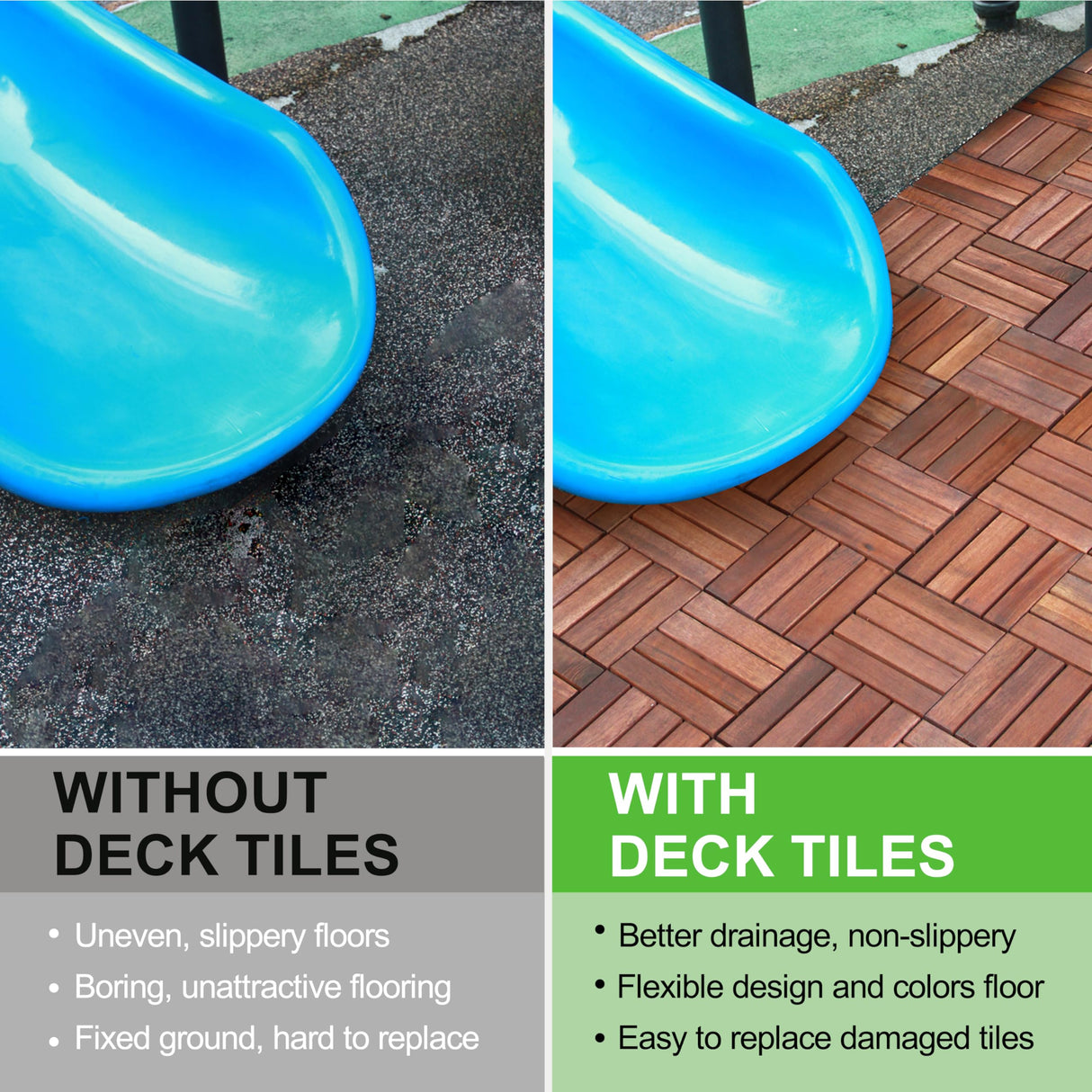 CLOVERHOLM Interlocking Deck Tiles-10PCS Waterproof Acacia Wood Patio Tiles, Easy Snap Flooring Tiles for Indoor and Outdoor,Balcony, Entry, Poolside CLOVERHOLM