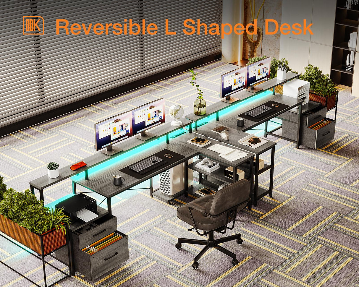 ODK 75" Reversible L Shaped Desk with LED Lighting, Power Outlet & Ample Storage ODK