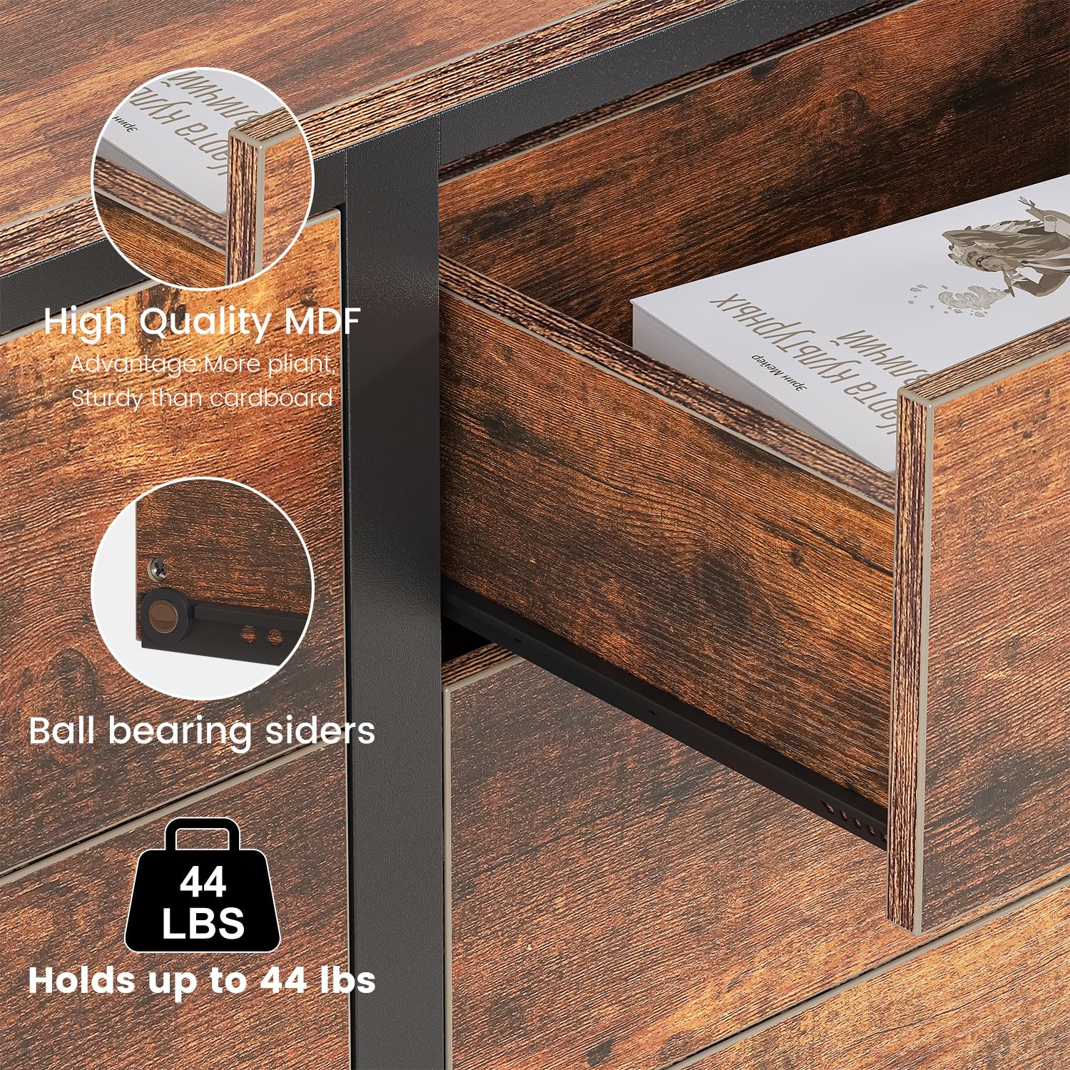 Frmobepts 6 Drawer Dresser, Wooden Dresser for Bedroom, 47" Metal Frame, Black Dresser, Natural Wooden Dresser Furniture, Storage Cabinet for Dining Frmobepts