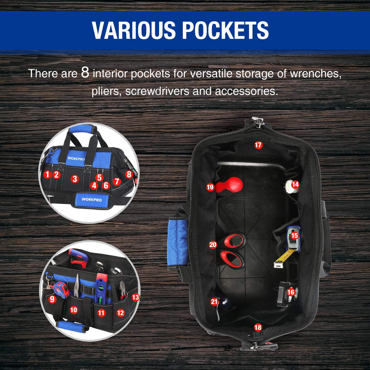 WORKPRO 16-inch Wide Mouth Tool Bag with Water Proof Molded Base WORKPRO