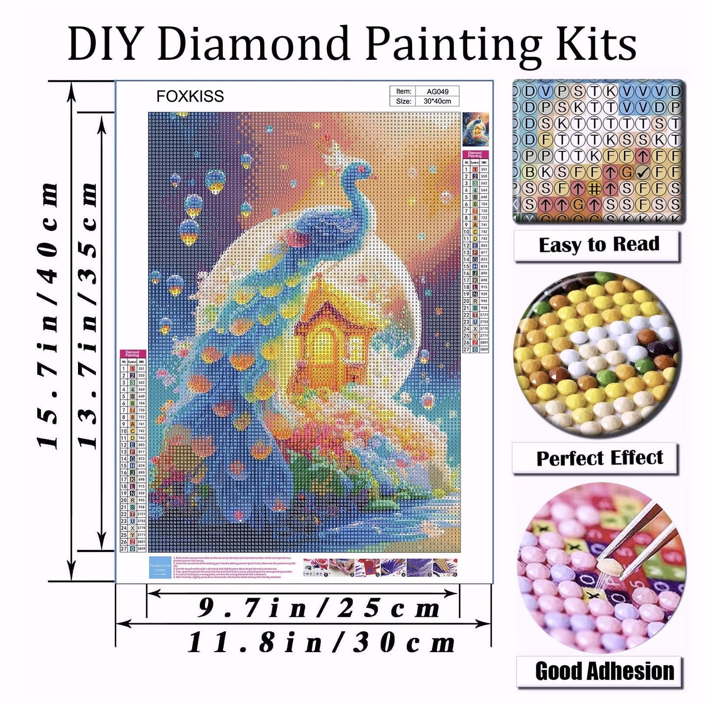 FOXKISS Peacock Diamond Art Painting Kits for Adults, Full Drill Diamond Dots Paintings for Beginners, Round 5D Paint with Diamonds Pictures Gem Art