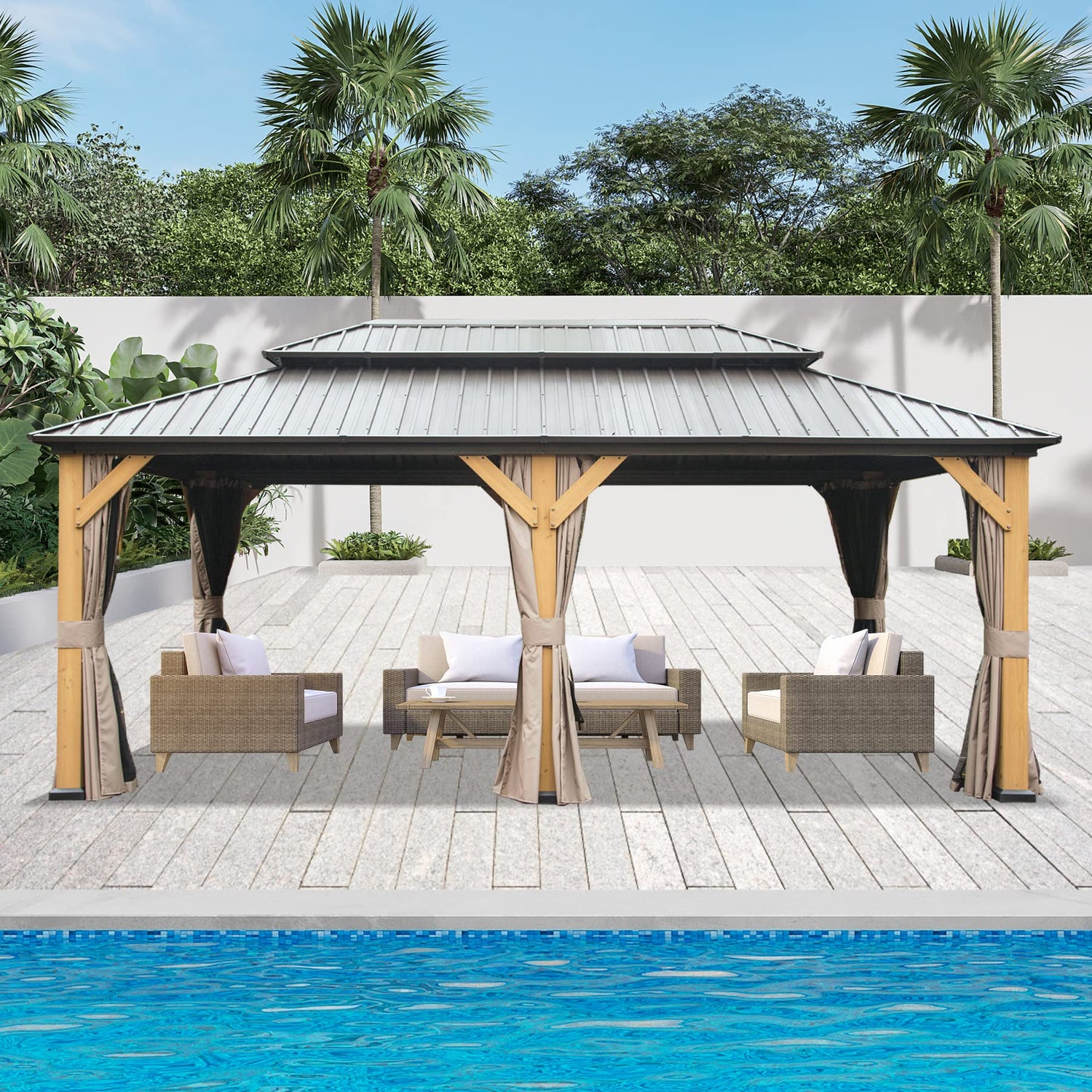 Domi 12x20 ft Wood Gazebo, Cedar Wood Frame Hardtop Gazebo with Galvanized Steel Double Roof, Outdoor Gazebo with Netting and Curtains, Patio Gazebo domi outdoor living