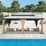 Domi 12x20 ft Wood Gazebo, Cedar Wood Frame Hardtop Gazebo with Galvanized Steel Double Roof, Outdoor Gazebo with Netting and Curtains, Patio Gazebo domi outdoor living