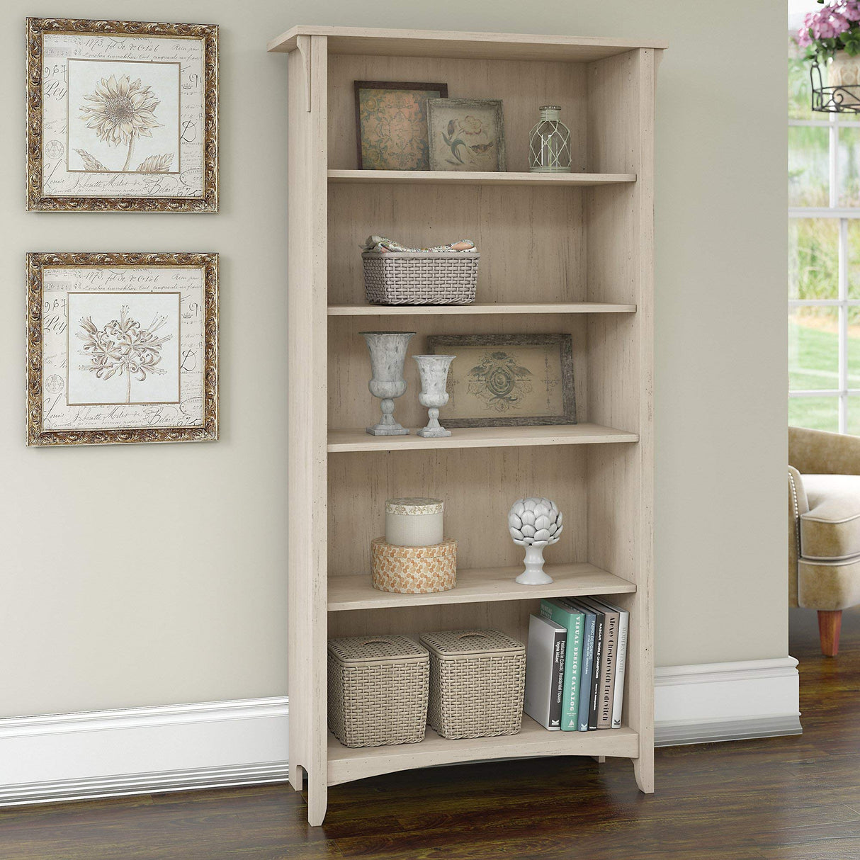 Bush Furniture Salinas Vintage 5-Shelf Bookcase in Antique White - Modern Farmhouse Style for Home and Office Bush Business Furniture