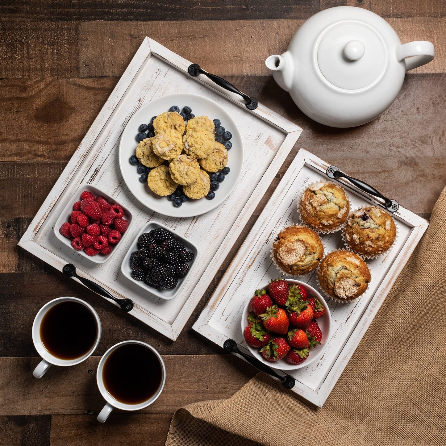 Rustic Serving Tray with Handles - 2 Nesting Trays for Serving Food - Wooden Tray for Decor, Coffee Table & Ottoman - Large Serving Tray with - WoodArtSupply