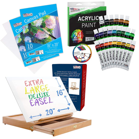 U.S. Art Supply Extra Large Adjustable Wood Desk Tabel Easel Bundle with 2-Pack of 16" x 20" Canvas Paper Pads & 24 Color Acrylic Paint in 12ml Tubes US Art Supply