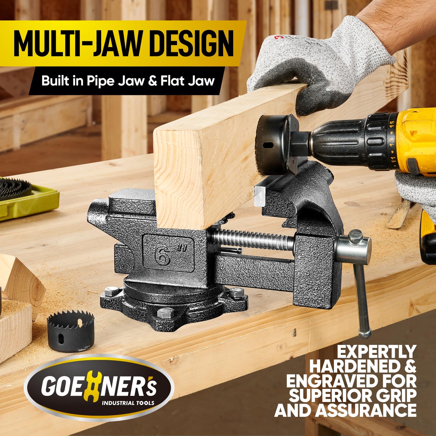 Bench Vise 6” - Table Vice For Workbench, Utility Vise with Heavy Duty Cast Iron, Multi-Jaw, 270 Degree Swivel Base, Larger Anvil, Easy Adjustment GOEHNER's