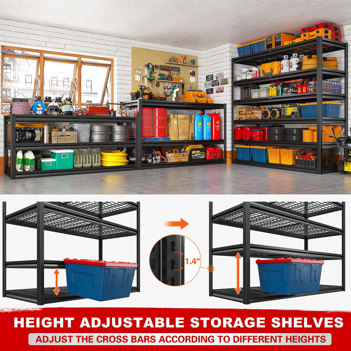 REIBII 55"W Garage Shelving Units and Storage Shelves Heavy Duty Shelving, 3500LBS Garage Storage Shelves 6-Tier Adjustable Metal Shelves for Storage REIBII