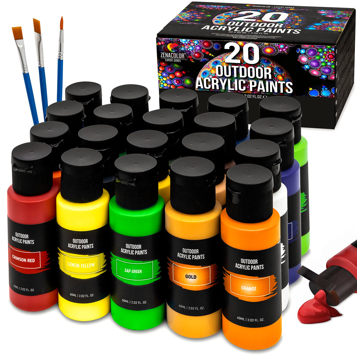 Outdoor acrylic paint set (2 fl oz)- 20 Tubes 2 with Glow in the Dark Effect - Art supplies for Adults - For multiple use- Woods, Leather, Metal & Zenacolor