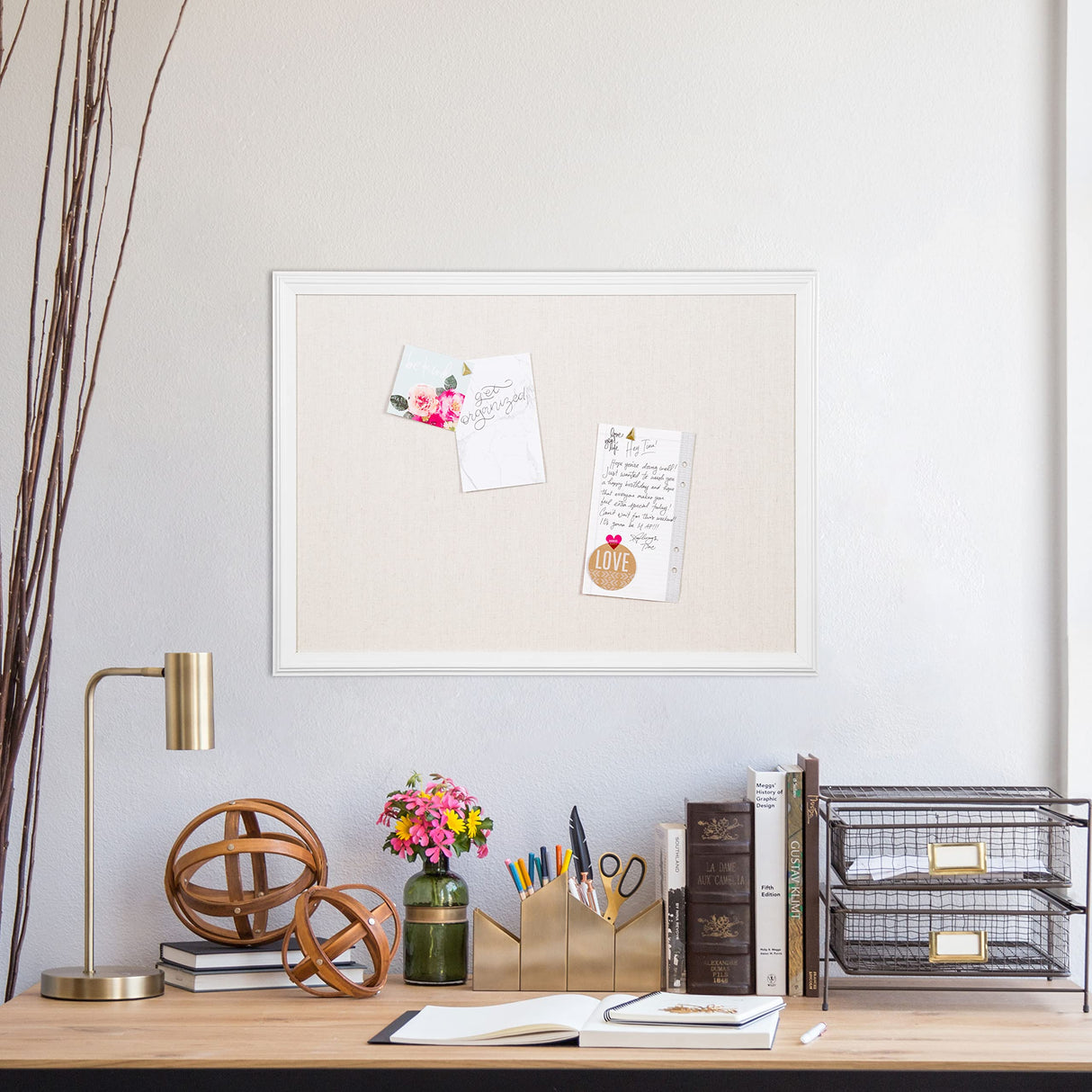 U Brands Farmhouse Linen Bulletin Board, 23"x17", White Wood Style Frame, Industrial Grade Pinning Surface U Brands