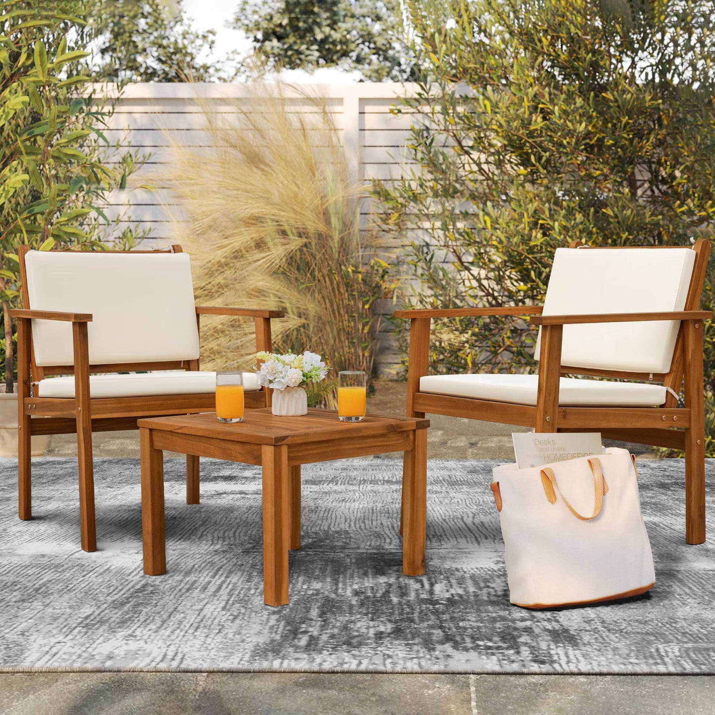 Flamaker Patio Chairs 3 Piece Acacia Wood Patio Furniture with Coffee Table & Cushions Outdoor Conversation Set Balcony Chairs for Porch, Deck,