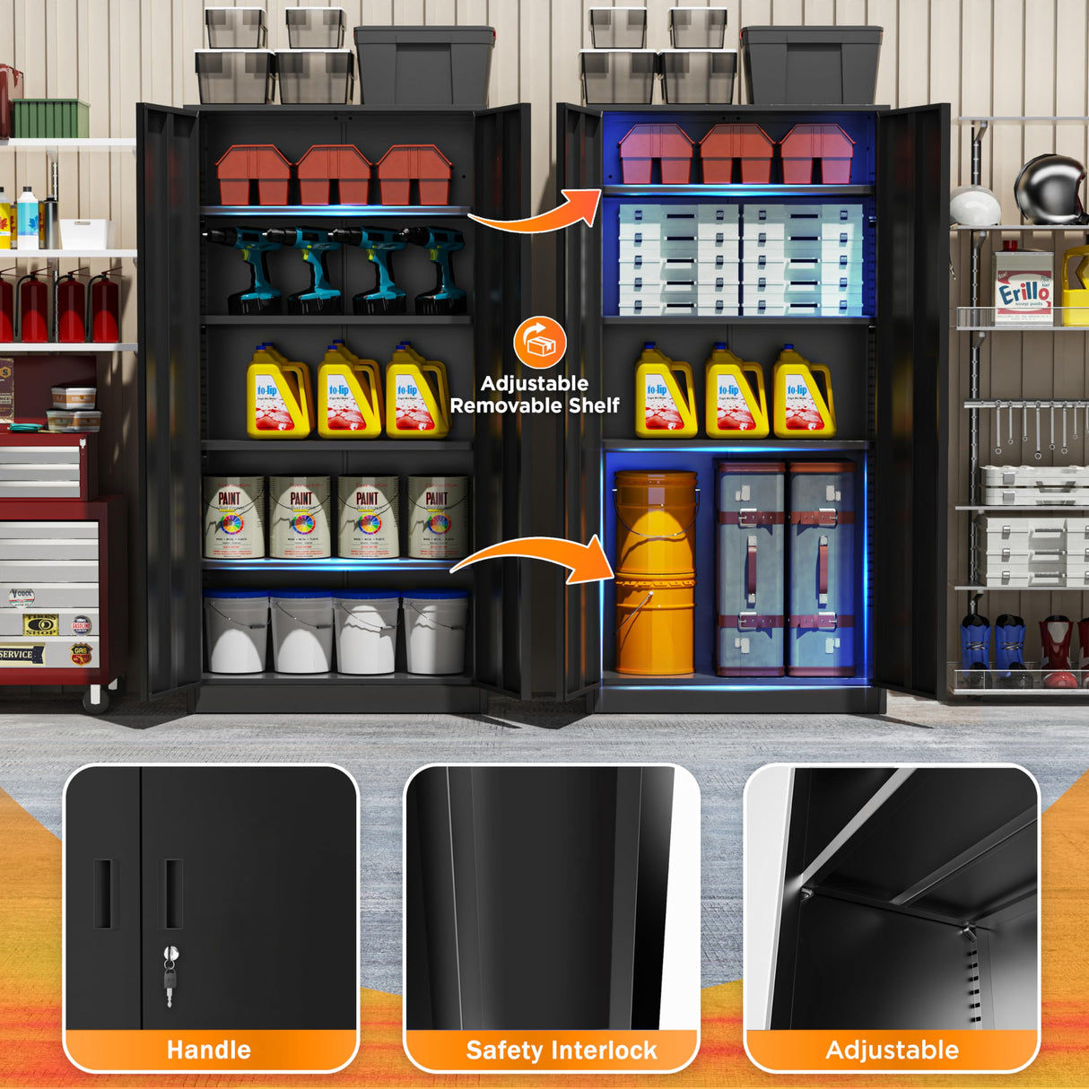 INTERGREAT Metal Garage Storage Cabinet with Lock, 72" H Storage Cabinets with Doors and Adjustable Shelves, Black Lockable Steel Supply Cabinet for INTERGREAT