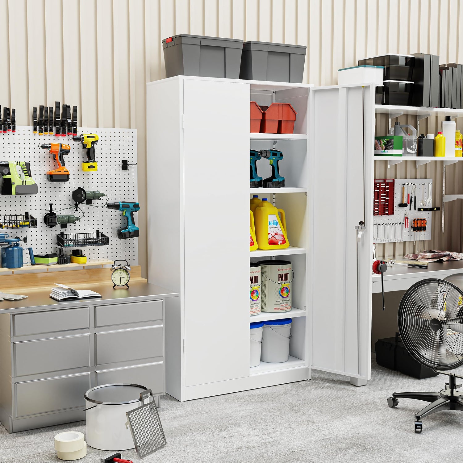 INTERGREAT Metal Storage Cabinet with Lock, 72" Office Storage Cabinet with Locking Doors and 4 Adjustable Shelves, White Lockable Steel Cabinet for INTERGREAT