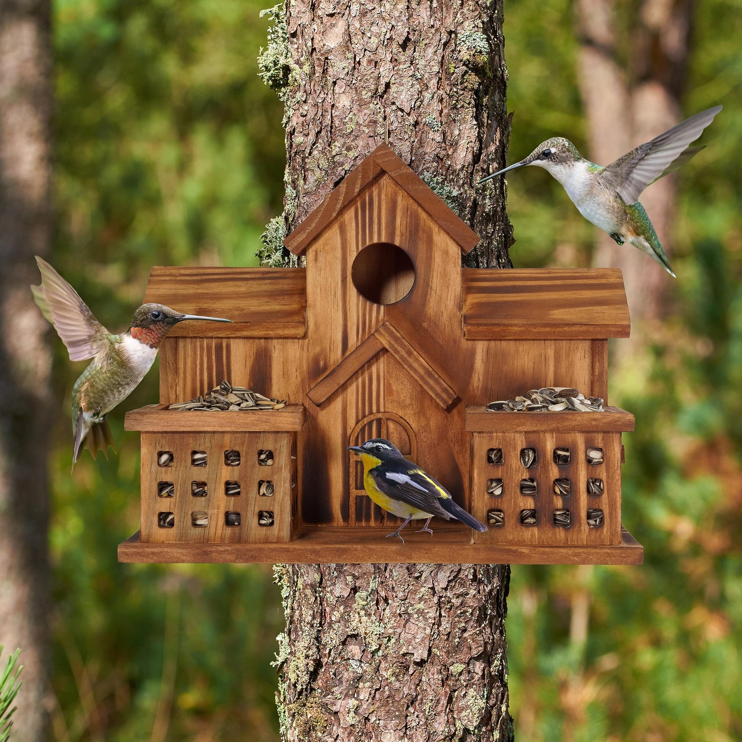 MIXUMON Bird Houses for Outside with Bird Feeder, Outdoor 3 Hole Bird House Room for 3 Bird Families Bluebird Finch Cardinals Hanging Birdhouse for MIXUMON